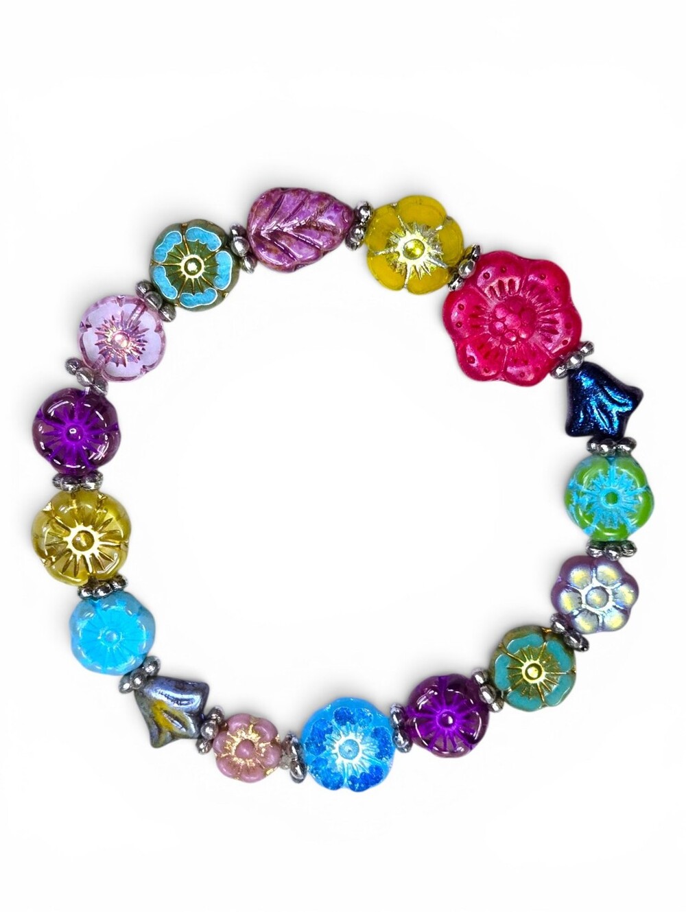 Dopamine Colorful Floral Czech Glass Bead Stretch Bracelet  NEW Handmade Ooak